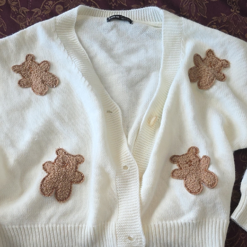 SHEIN 🐻 White Cardigan with Brown Bear Accents, Size SMALL 🐻 Fast Shipper!